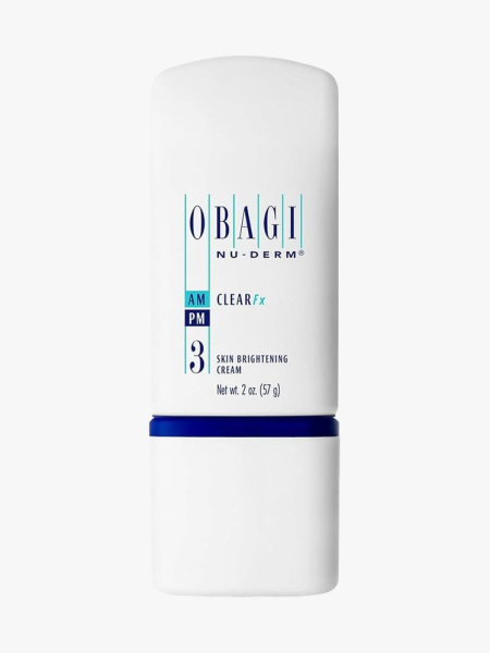 Obagi Nu-Derm Clear Fx  rounded white bottle on light gray background