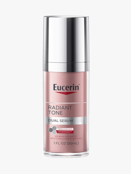 Eucerin Radiant Tone Dual Serum in branded component on a light gray background